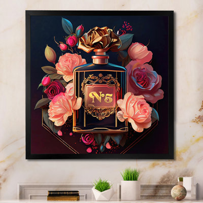Chic bouteille de parfum avec roses roses II - art mural tendance