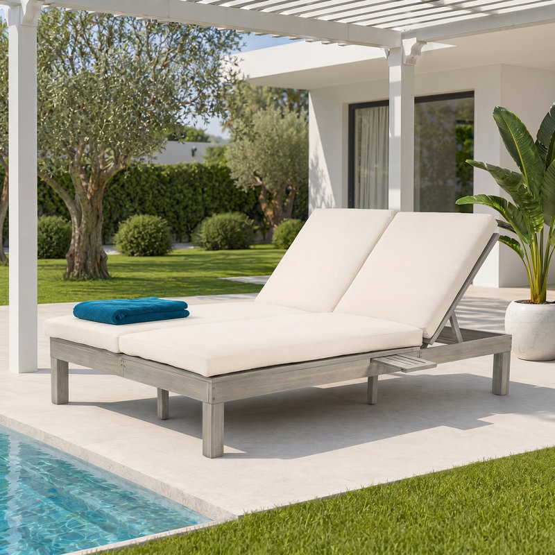 5-Position Reclining Double Chaise Lounge With Folding Side Tables - Ideal For Garden & Outdoor Relaxation, Gray Wood