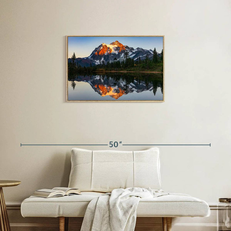 Mount Baker Lake Sunset, Floating Frame Natural Wood, 31" X 21"