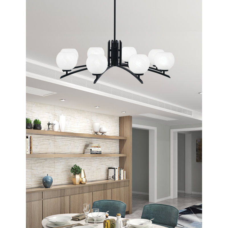 Lustre à 8 lumières Kurve illustré dans un fini noir mat avec verre de marbre blanc de 5,75 po