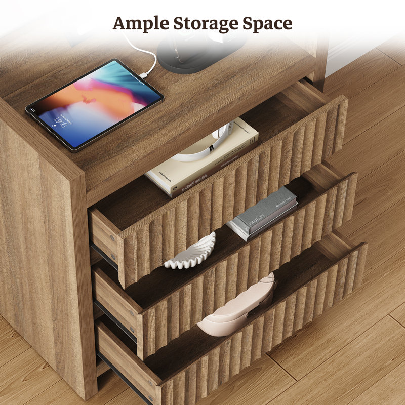 Modern 3-Drawer Fluted Nightstand with Charging Station, Wood Bedside Table with USB, Small Bedroom End Table with Storage for Living Room