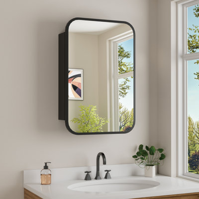 Pharmacie d'angle en acier arrondi avec miroir, tablettes réglables en verre trempé, grand rangement, encastré ou à fixation en surface l 20 po x H 26 po