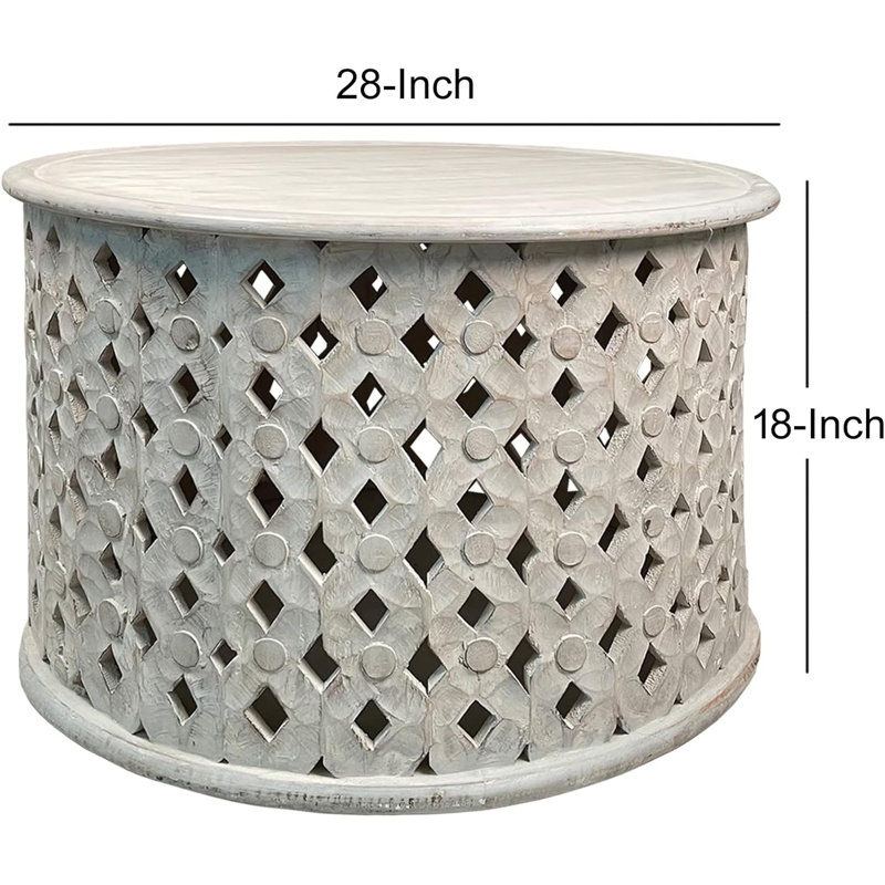 Mango Wood Round Coffee Table With Intricate Diamond Cutout Base, Distressed Farmhouse Style