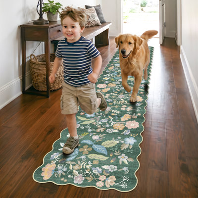 Hallway Rug Washable: Extra Long Floral Scalloped Carpet Non Slip Boho Rug for Indoor Entryway Stain Resistant Rug for Living Room