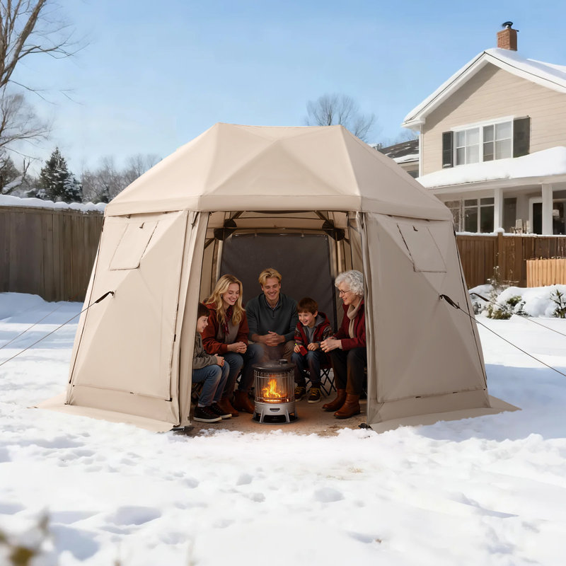 Tente escamotable Pop Up Gazebo, 12 x 12 pi, auvent de camping sphérique à 13 côtés avec toit amovible et sac de transport, à fixation rapide et à l'épreuve des piqûres, abri de soleil pour 8 à 10 personnes, beige