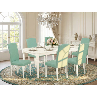 Ensemble de salle à manger 7 pièces composé d'une table rectangulaire en bois avec feuille papillon et 6 chaises Parson en simili cuir pour étang, blanc lin