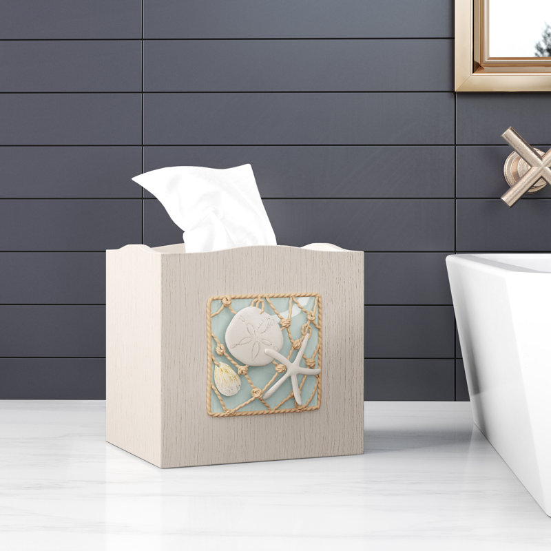 Whitewashed Wood Nautical Tissue Box Cover with Resin Insert