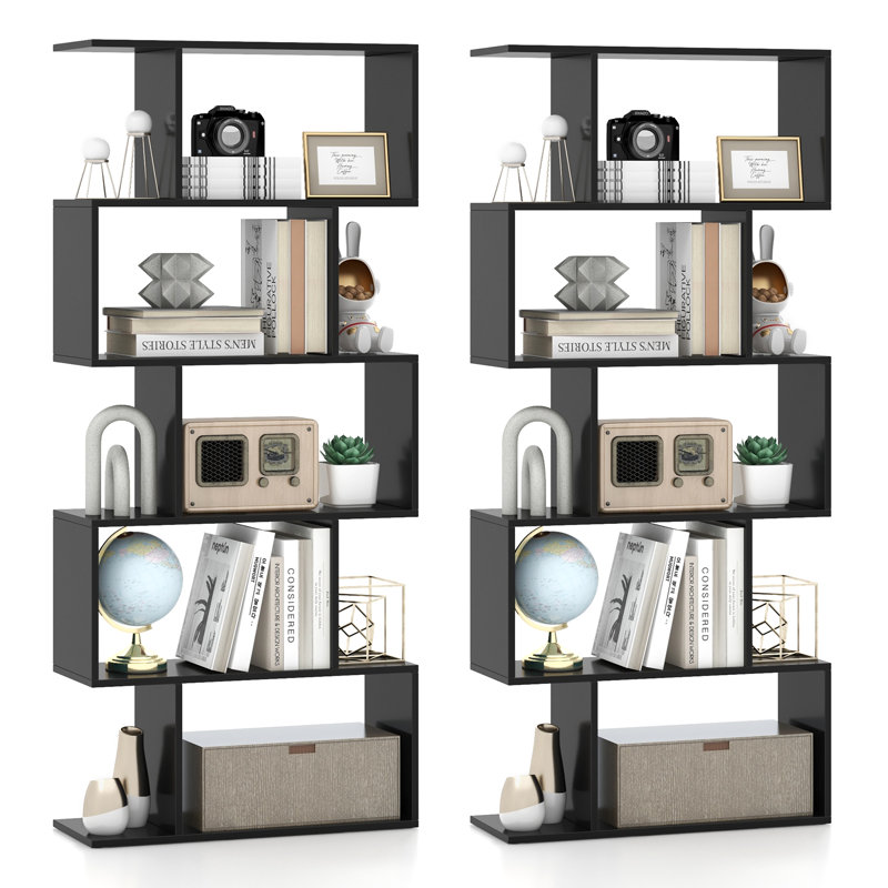 Rufio 62.5" H 27.5" W 5-Tier Manufactured Wood Geometric Bookcase (Set of 2), Black