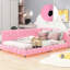 Lit double rembourré rose avec hublots et ceinture à DEL - Fabrication robuste en bois massif +, lattes de matelas, méthode d'assemblage simple, pas de sommier tapissier requis, étapes pratiques-247555451