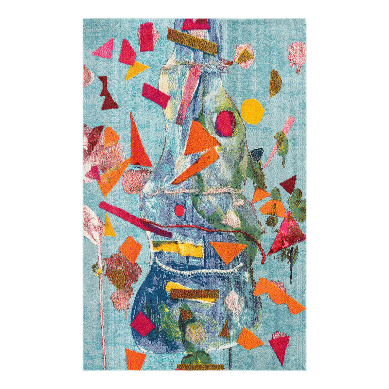 Tapis abstrait bleu / orange , Rectangle 5 pi 3 po x 8 pi