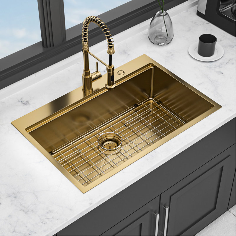 Évier de cuisine 33 "à cuve simple encastrable en acier inoxydable de calibre 16 T304 avec poste de travail, drain facile, insonorisant, revêtement et patin, comprenant grille de vaisselle, assemblage, support de séchage, planche à découper,