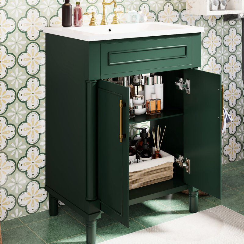 Meuble-lavabo de salle de bain d'une largeur de 24 po, lavabo en céramique intégré, armoire à 2 portes, solution d'espace pour tablettes moyennes et réglables, dimension gracieuse de la conception du lavabo, rangement, petits espaces,