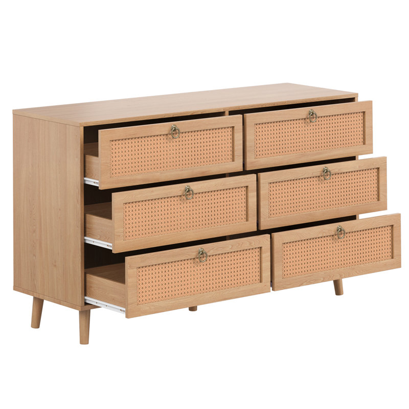 Commode double moderne à six tiroirs avec façades en rotin tissé à la main et grande capacité de rangement pour l'organisation de la chambre à coucher et la décoration intérieure