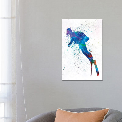 Scuba Diver In Watercolor II par Paul Rommer - peinture sur toile tendue