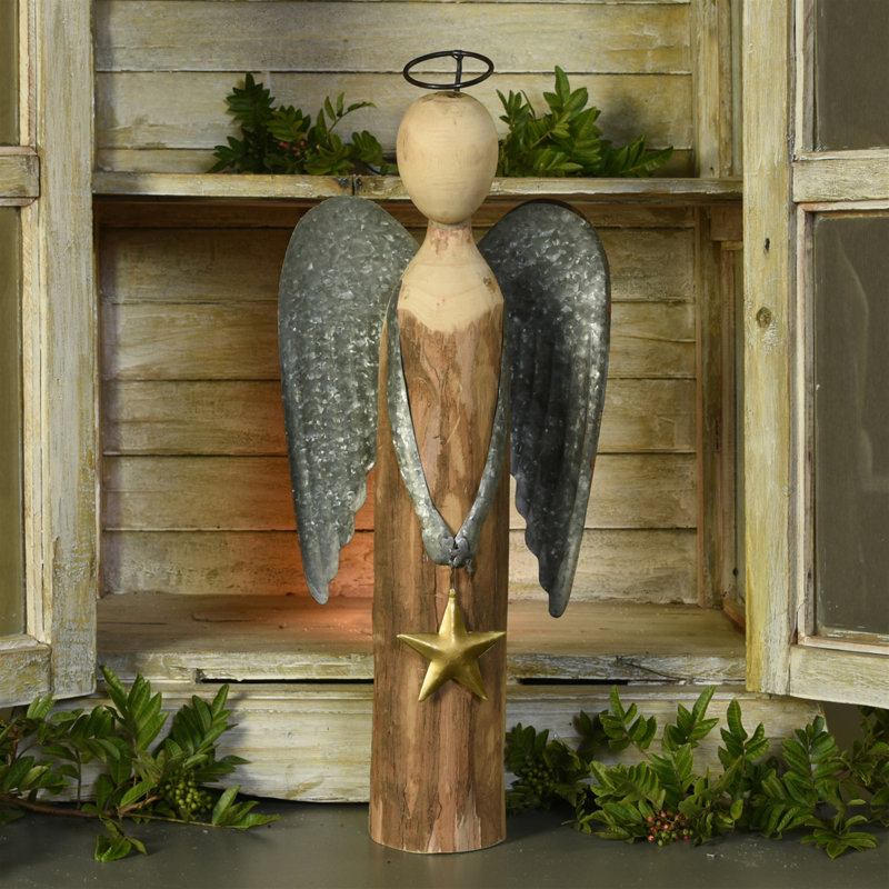 Grand ange en bois et métal avec figurine étoile, H 24 po x l 4 po x P 9 po
