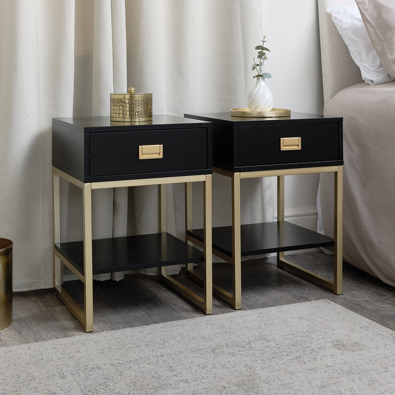 Bhrianne 40cm W Manufactured Wood Bedside Table, Black, Black/Gold