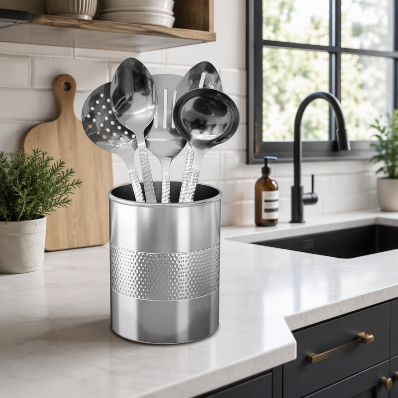 Porte-ustensiles en acier inoxydable avec fini miroir martelé, compact et durable pour les cuisines modernes