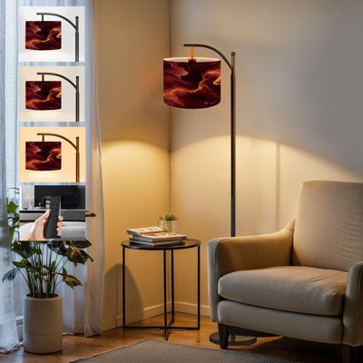  Arc Floor Lamp Burgundy Fabric Print Watercolor Sparkling Burgundy Trends Bright Tall Modern Standing Lamp LED Adjustable Linen Lampshade 3 Color Temperatures