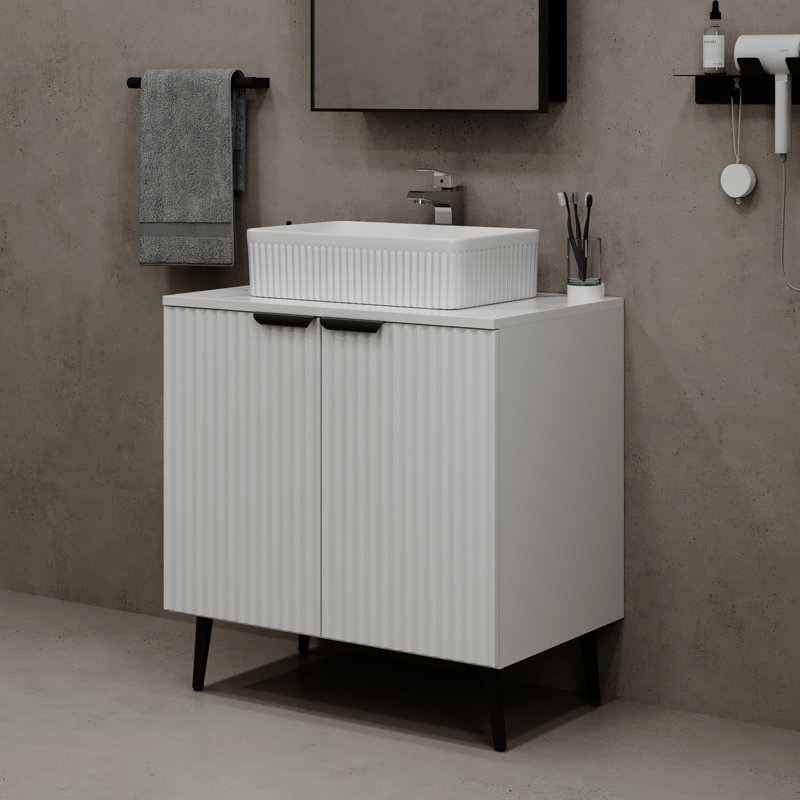 30" Bathroom Vanity, White Fluted Bathroom Vanity with Sink and Countertop, Freestanding Modern Bathroom Sink Cabinet with 2 Soft Closing Doors, Metal Handles (Vanity Sink 30)