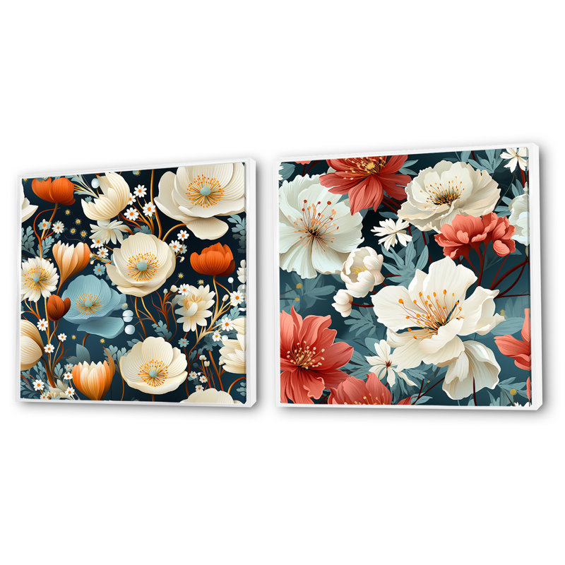Gustave - Ensemble de 2 collages floraux carrés, Cadre flottant blanc, H 36 po x l 73 po