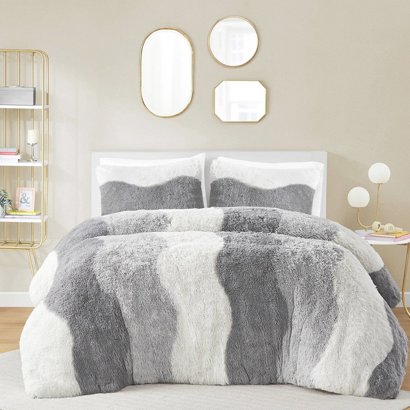 Édredon pour lit simple / simple TG Ombre - Revêtement en microfibre de fourrure synthétique et rembourrage inversé pour lit de ton gris doux