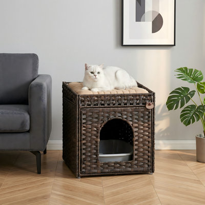 Hidden Litter Box Furniture with Mat & Fence, Handwoven Rattan Cat House, 2 S-Hooks, for Living Room/Bedroom, 18.5x20.5x19.1 Inches, Brown
