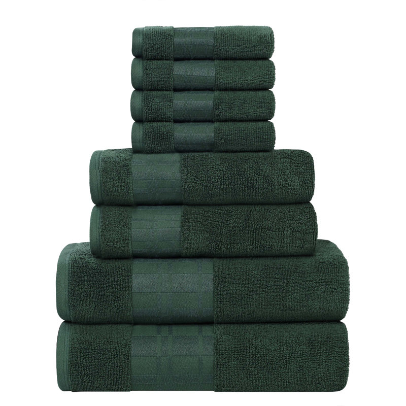 Larissa Cotton Medium Weight Geometric Border 8 Piece Assorted Towel Set, Forest Green