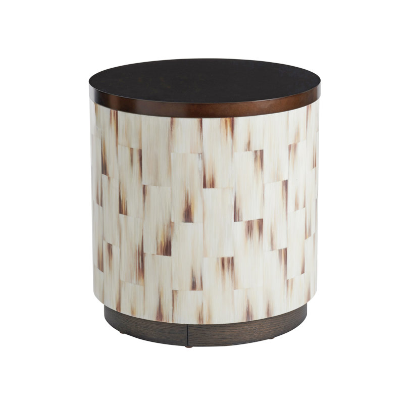Crescent Commode Round Chairside Table in Brown/Cream with Metal Top
