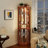 Lighted Dark Oak Corner Curio, Two Side - Hung Glass Doors, Adjustable Shelving, For Cherry Or Themed Spaces In Living Room Homes
