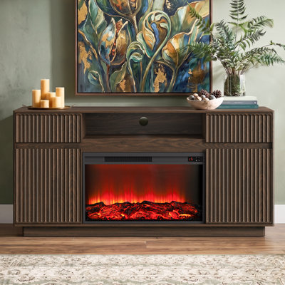 Meuble télé 63,9 po cannelé naturel pour téléviseur de 70 po, console média avec tablettes et tiroirs, compatible avec les foyers encastrables de 30 po (vendus séparément), buffet