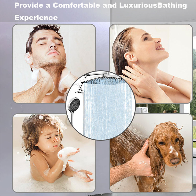 13-Inch Handheld Shower Head With Dual Rainfall Spray, Button Switch, 3 Spray Modes, Adjustable Extension Arm & 71-Inch Stainless Steel Hose