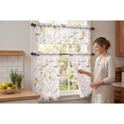 3-Piece Farmhouse Bird Print Kitchen Curtain Set, Light Filtering Rod Pocket Window Treatment with Valance and Tiers