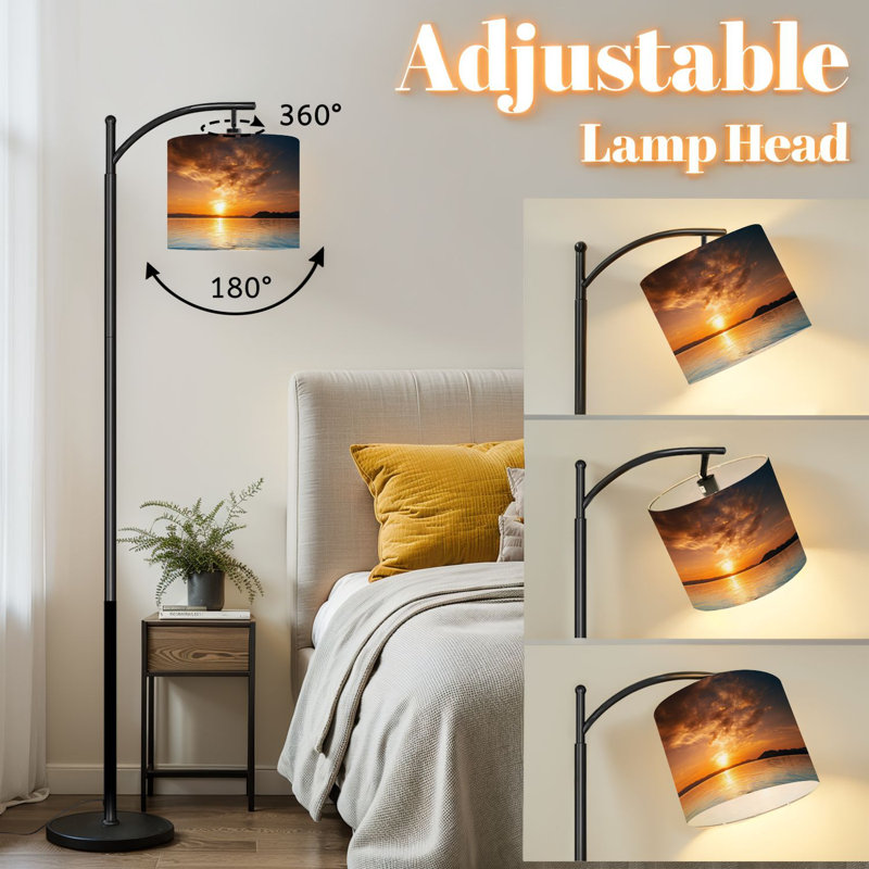 Lampe sur pied à arc avec abat-jour réglable Sunset Water Lake Sea Cloud Sunlight Island Lampadaire 3 températures de couleur à intensité variable avec poteau pour la chambre à coucher