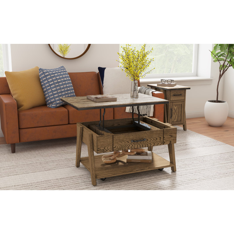 Hurtha Rustic Oak Wood And Metal Lift-Top Cocktail Table