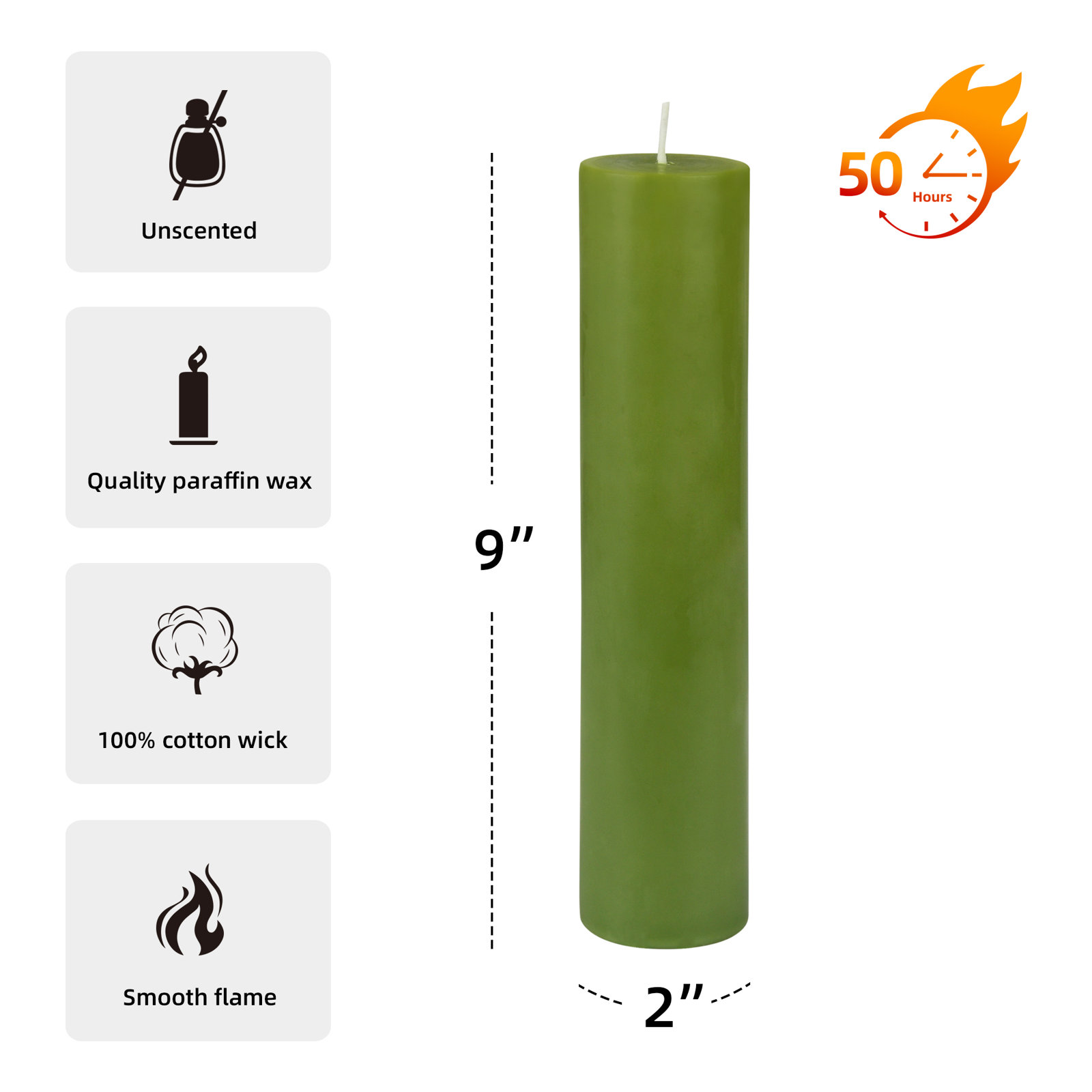 Oliva Unscented Pillar Candle, 1, Ivory, 9" H x 2" W x 2" D