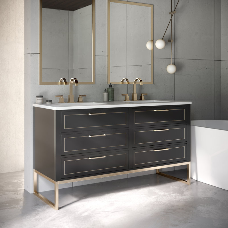 Markham 60'' W Double Vanity, Midnight Black, Satin Brass, Universal Calacatta Quartz