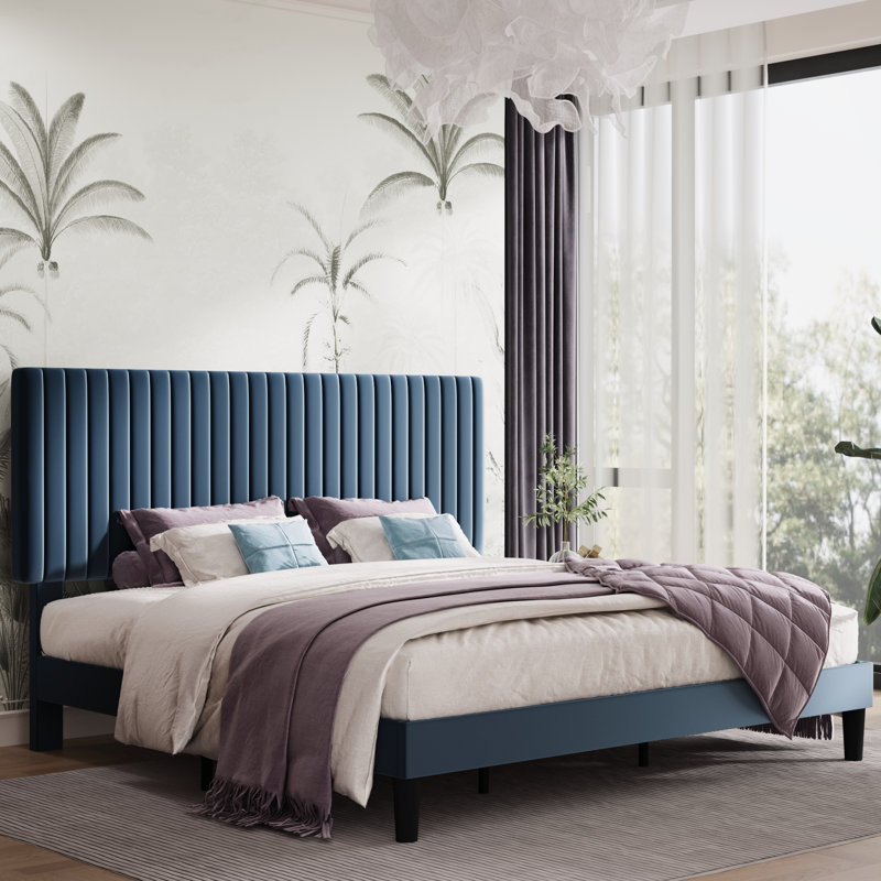 Dunphy Upholstered Platform Bed with Adjustable Headboard, King, Dark Blue