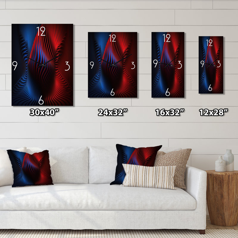Portail Moire Matrix en rouge et bleu II - Horloge murale moderne géométrique, H 32 po x l 24 po x P 1 po