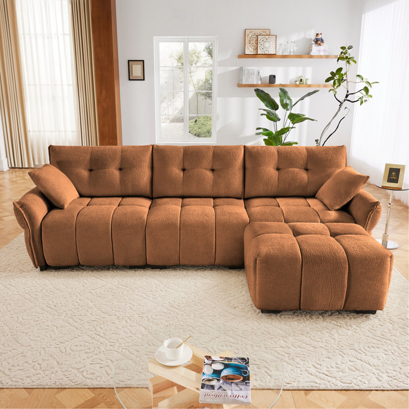 Ensemble de canapé à trois places avec repose-pieds et coussins, bois massif, chenille texturée, coussins à haute résilience, idéal pour la vie, le salon, le bureau, les espaces hôteliers, en orange brûlé
