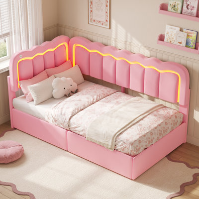 Lit de jour simple avec barrière de sécurité et tête de lit en velours, cadre de lit d'angle en métal avec 2 tiroirs de rangement et ports USB, lit simple pour fille, tête de lit réglable en hauteur, rose