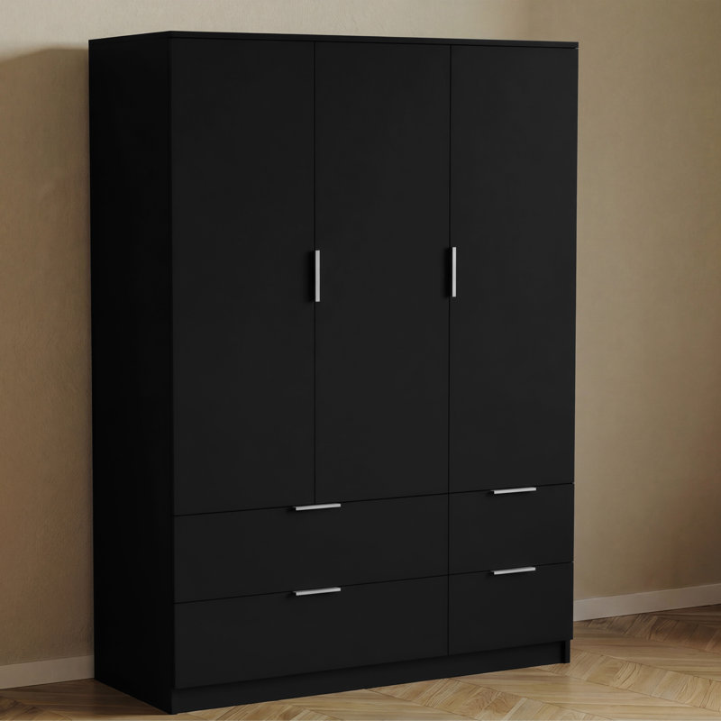 Modern 3 Door 4 Drawer Wardrobe with Hanging Space for Bedroom Storage & Organisation, Black