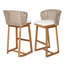 Ensemble de 2 tabourets de bar d'extérieur en bois d'acacia avec finition en teck, coussins beiges et dossiers en osier brun clair