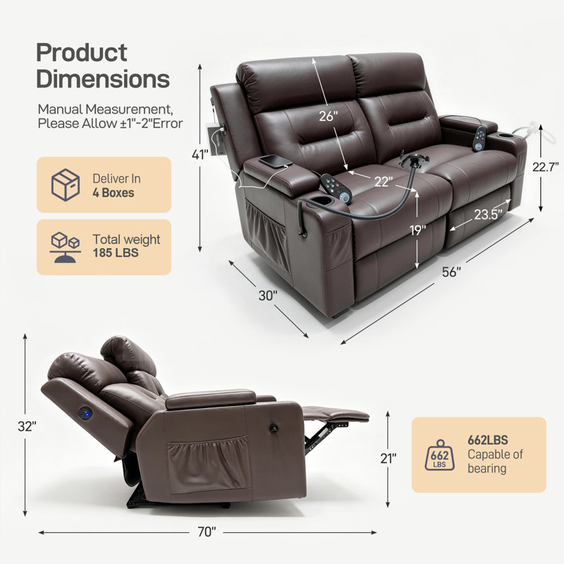 Fauteuil inclinable VANSOFA, canapé inclinable 2 places avec massage et chaleur, canapé fonctionnel sans outils, fauteuil inclinable USB-A et USB-C pour le salon