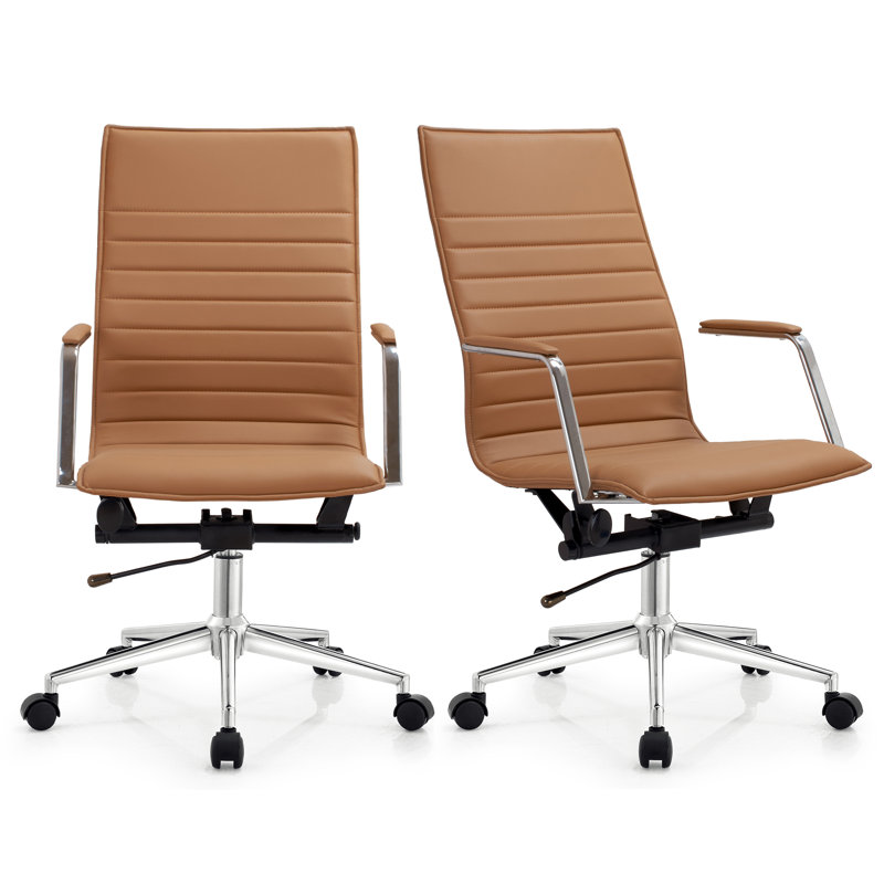Set of 2 Modern High Back Office Desk Chair | Upholstered Ribbed PU Leather with Metal Frame | Computer Armchair for Home, Executive, Conference, Meetings
