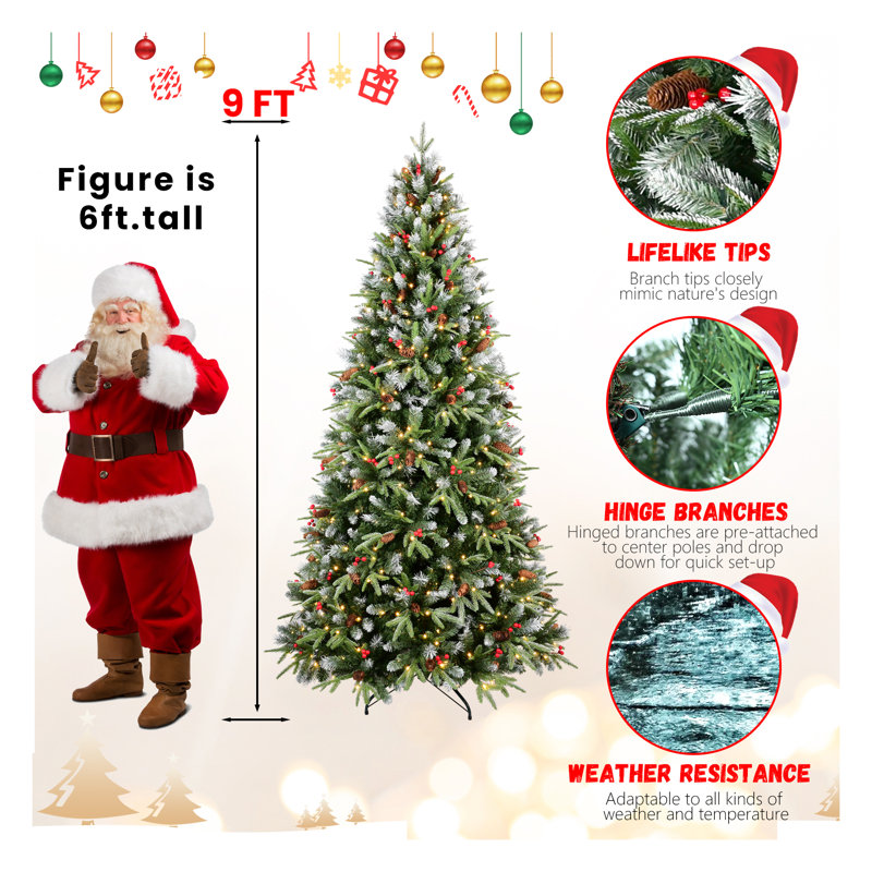 Arbre de Noël 9 pi avec 750 lumières DEL blanc chaud, 3750 branches en PE + PVC, baies rouges et pommes de pin, conception à charnières pour une installation facile