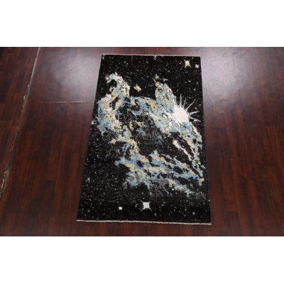 Tapis noir / bleu / beige noué à la main de conception unique 4 pi 7 po x 7 pi 5 po New Age