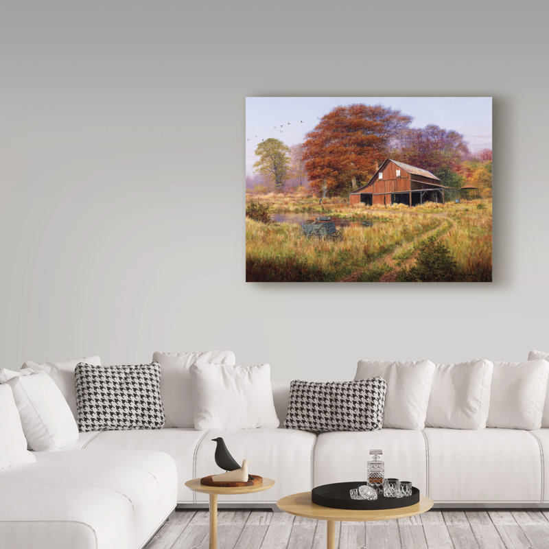« red grange under trees », reproduction de photo sur toile tendue, H 14 po x l 19 po x P 2 po