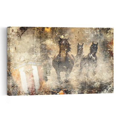 Wild Horses Running Rustic Vintage Horse Nature Wall Art Print by Rafal Kulik - Wrapped Canvas Print