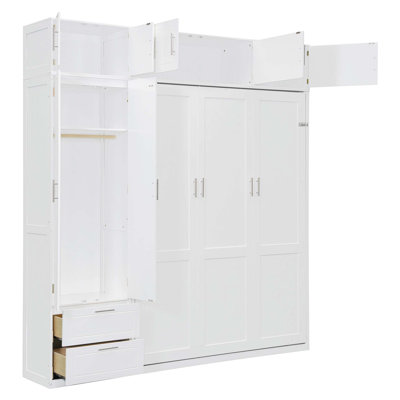 Grand lit escamotable mural avec armoire supérieure, tablettes et garde-robe, lit pliant peu encombrant