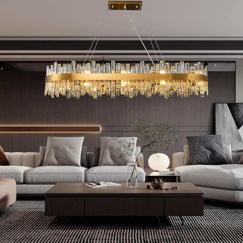 Lohan 20-Light Dimmable Modern Gold Rectangle Chandelier with Crystal Accents for Kitchen Island Dining Room
